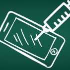 White vector drawing on a green chalkboard of a smart phone being injected with a syringe