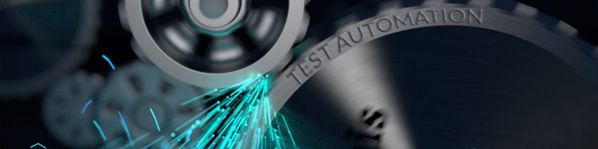 test automation engraved on metallic gears with blue sparks shoot off