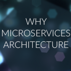 The text "Why Micorservices Architecture" superimposed on a field of blue hexagonal lens flares