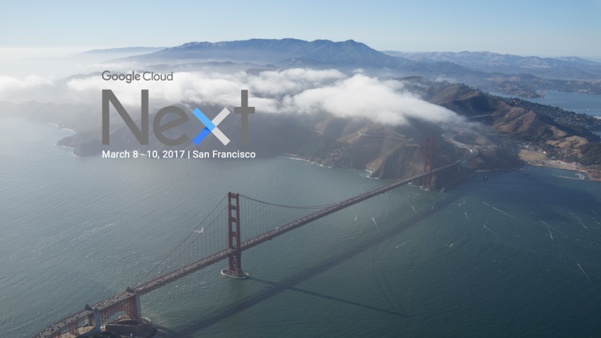 Aerial photo of the Golden Gate Bridge and San Francicso shrouded in clouds with the Google Next logo superimposed in the upper left