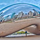 Painting of the Chicago Skyline reflected in Cloud Gate and Millennium Park