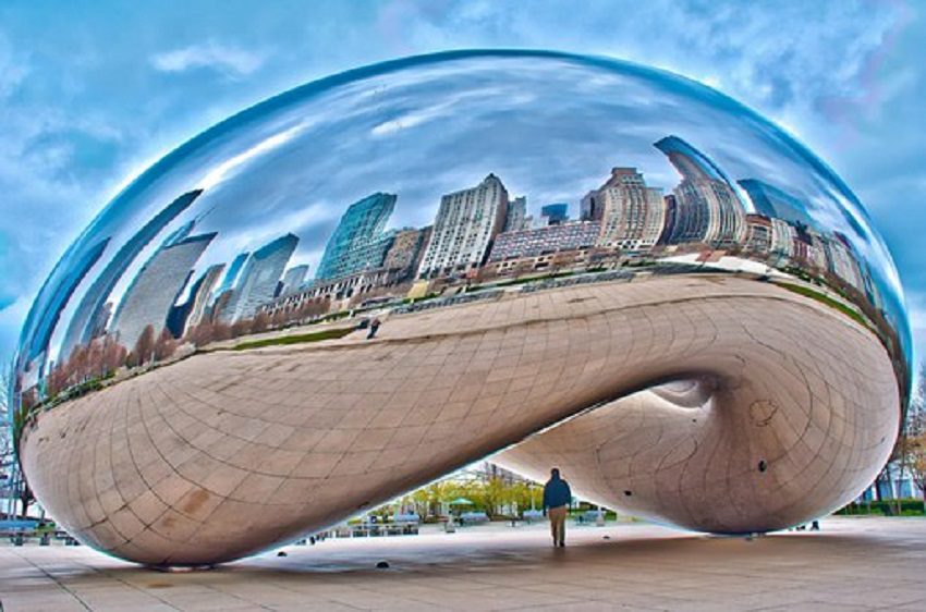 Painting of the Chicago Skyline reflected in Cloud Gate and Millennium Park