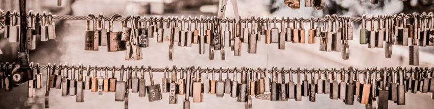 two rows of metallic colored key hold padlocks hanging from cables.